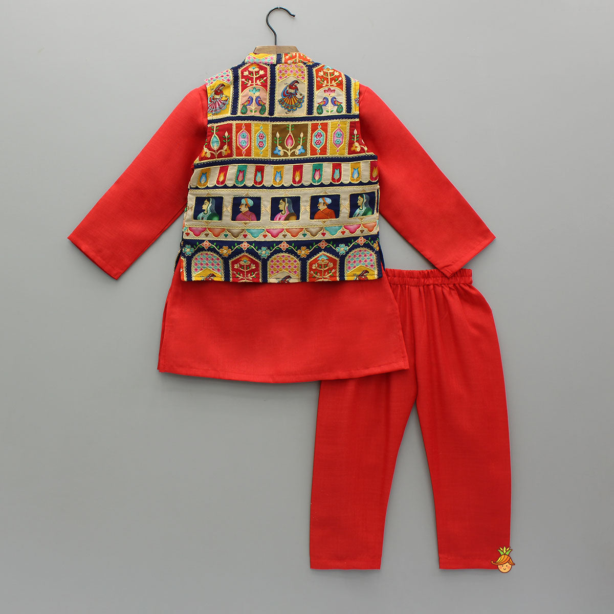 Red Kurta With Printed Multicolour Jacket And Pyjama
