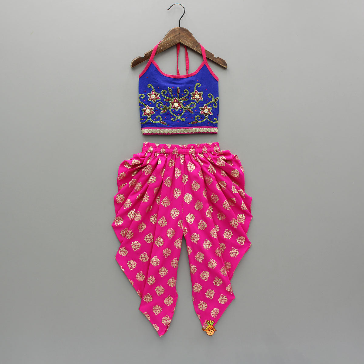 Floral Beaded Blue Halter Neck Top With Printed Dhoti