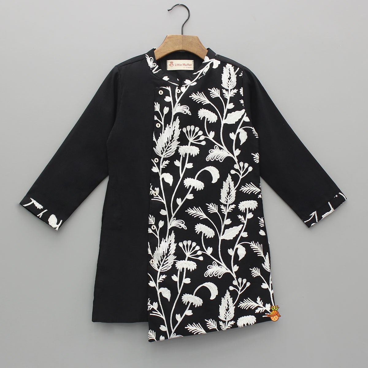 Stunning Black Asymmetric Floral Embroidered Kurta With Pyjama