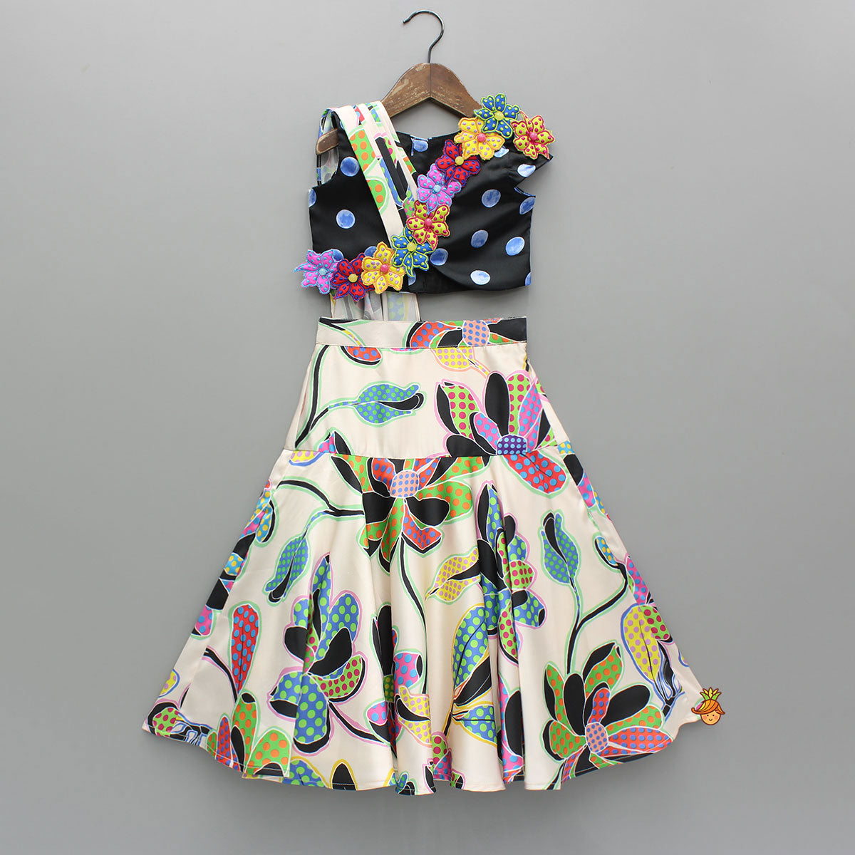 Colourful Flowers Embellished Pleated Black Top And Lehenga