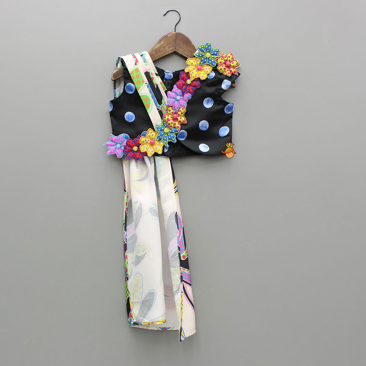 Colourful Flowers Embellished Pleated Black Top And Lehenga