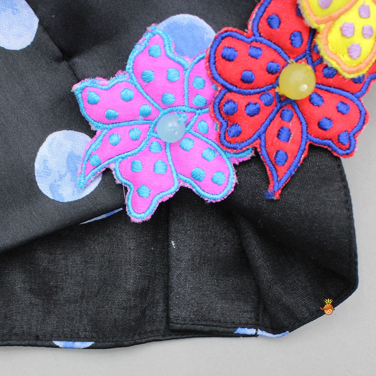 Colourful Flowers Embellished Pleated Black Top And Lehenga