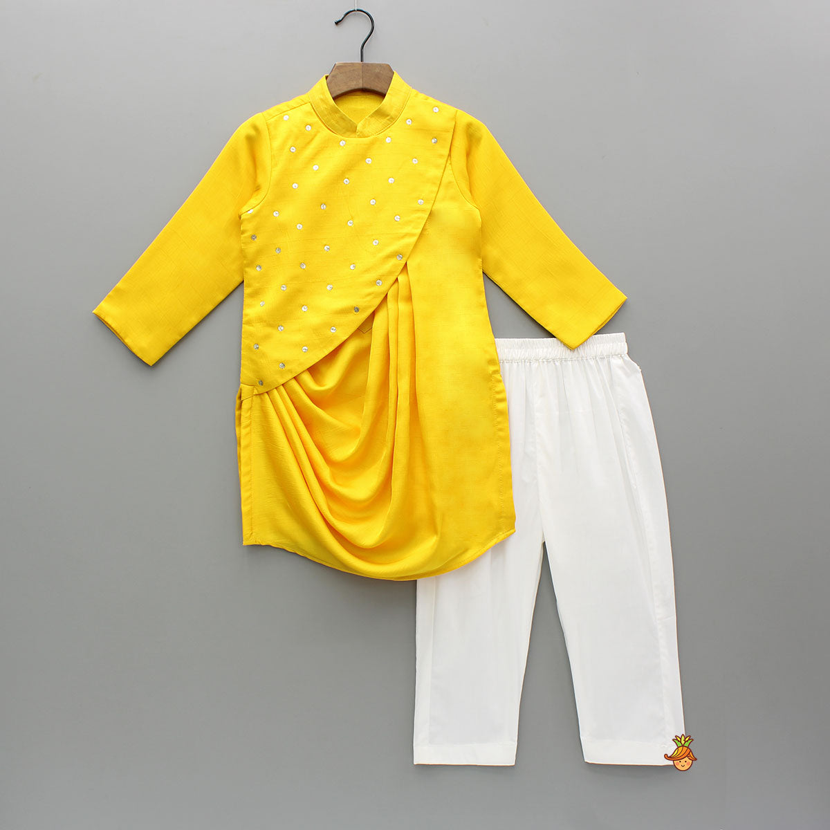 Yellow Draped Embroidered Kurta With Off White Pyjama