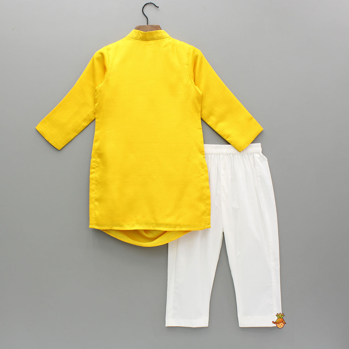 Yellow Draped Embroidered Kurta With Off White Pyjama