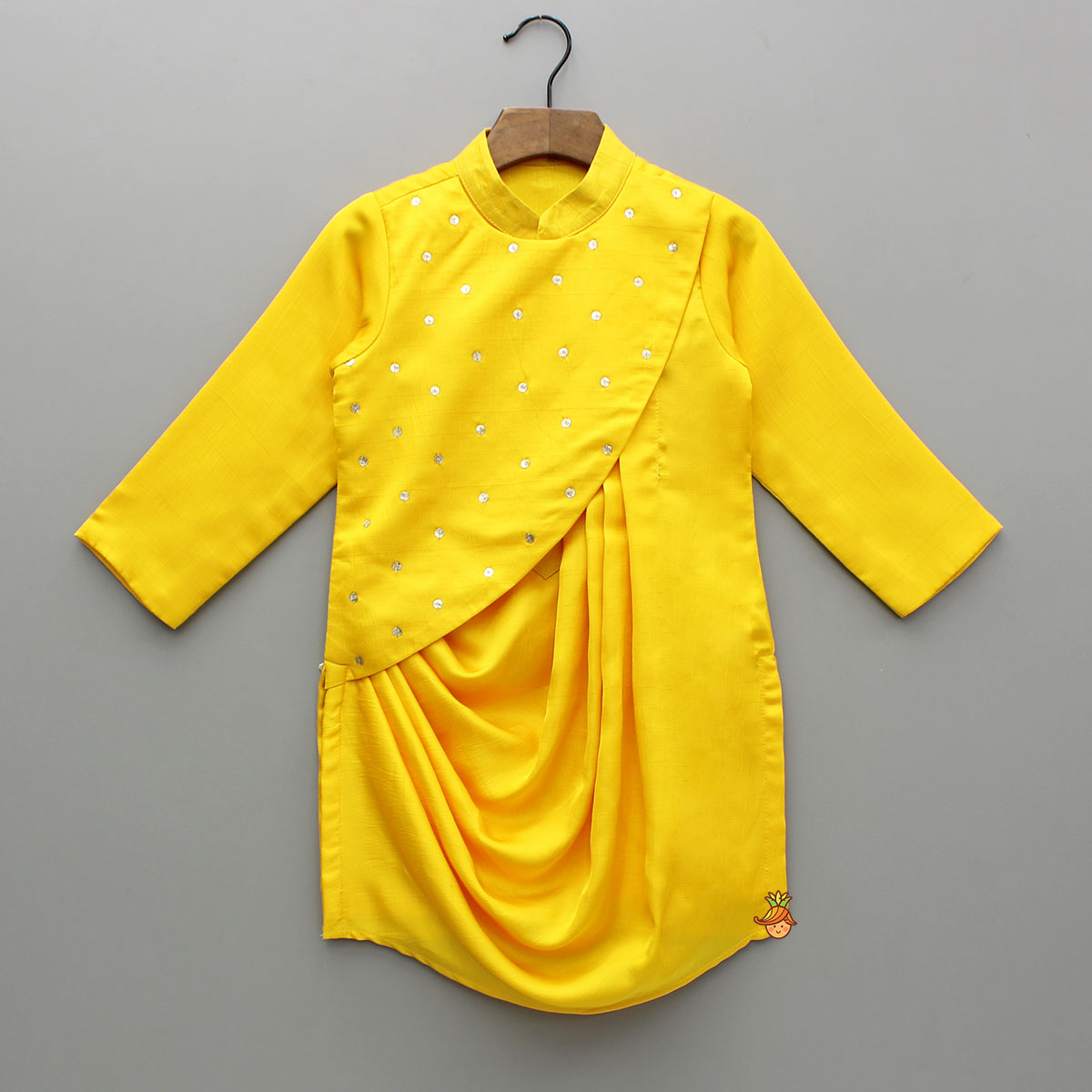 Yellow Draped Embroidered Kurta With Off White Pyjama