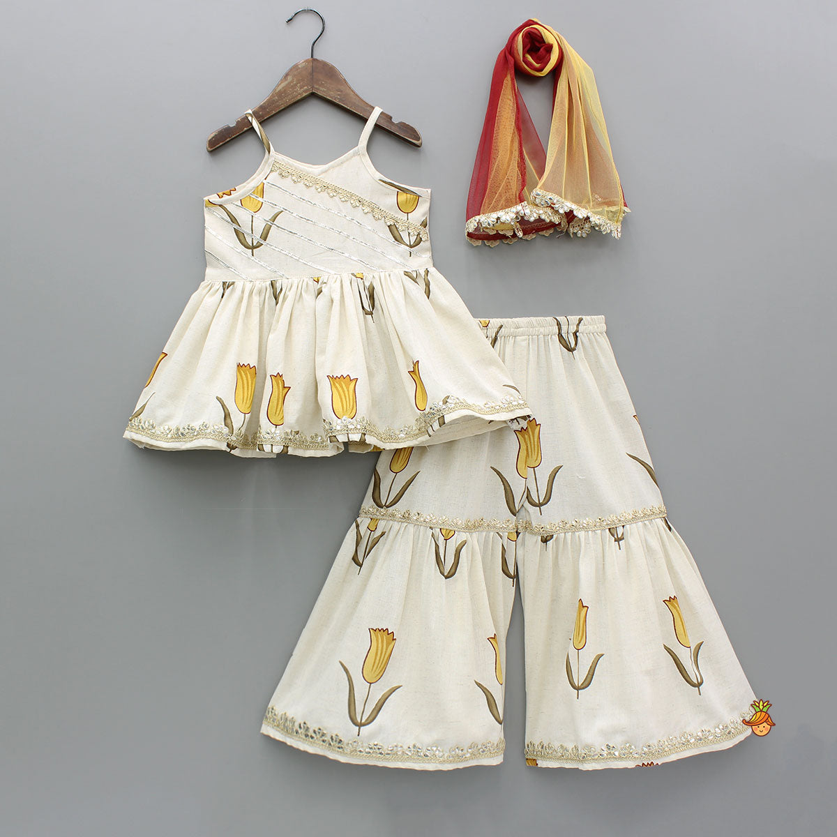 Yellow Tulip Printed Strappy Off White Kurti With Printed Sharara And Dupatta