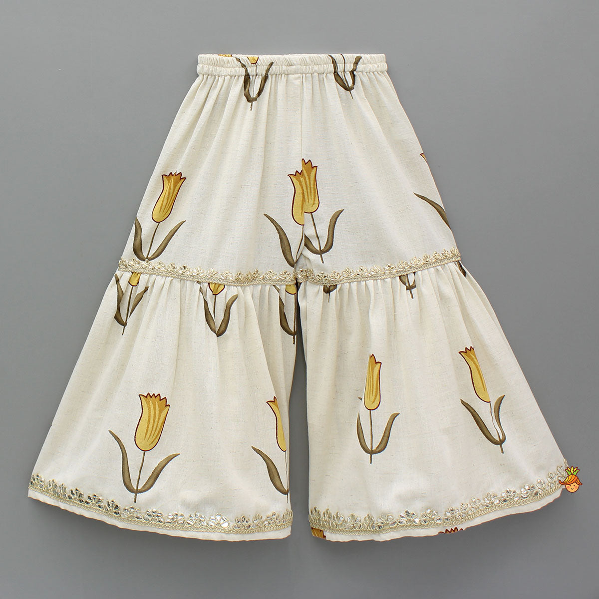 Yellow Tulip Printed Strappy Off White Kurti With Printed Sharara And Dupatta