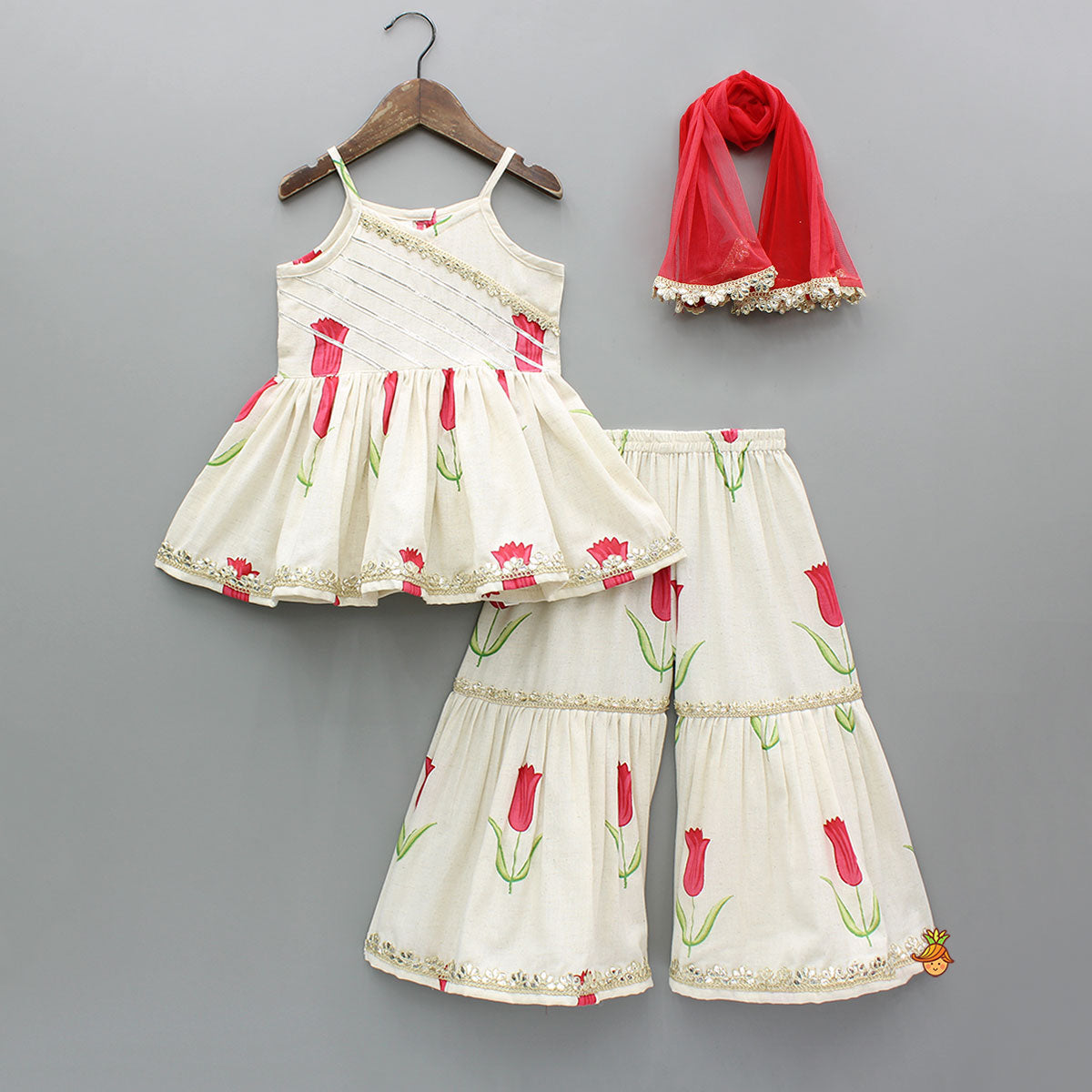 Red Tulip Printed Strappy Peplum Kurti With Printed Sharara And Red Dupatta