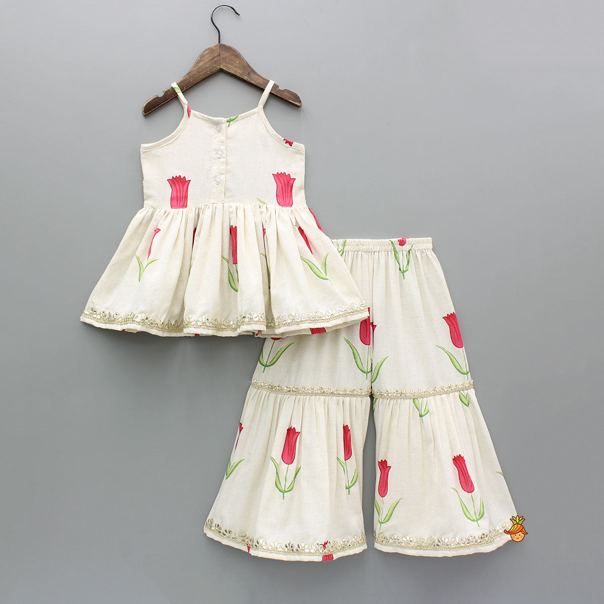 Red Tulip Printed Strappy Peplum Kurti With Printed Sharara And Red Dupatta