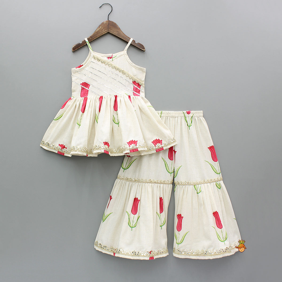 Red Tulip Printed Strappy Peplum Kurti With Printed Sharara And Red Dupatta