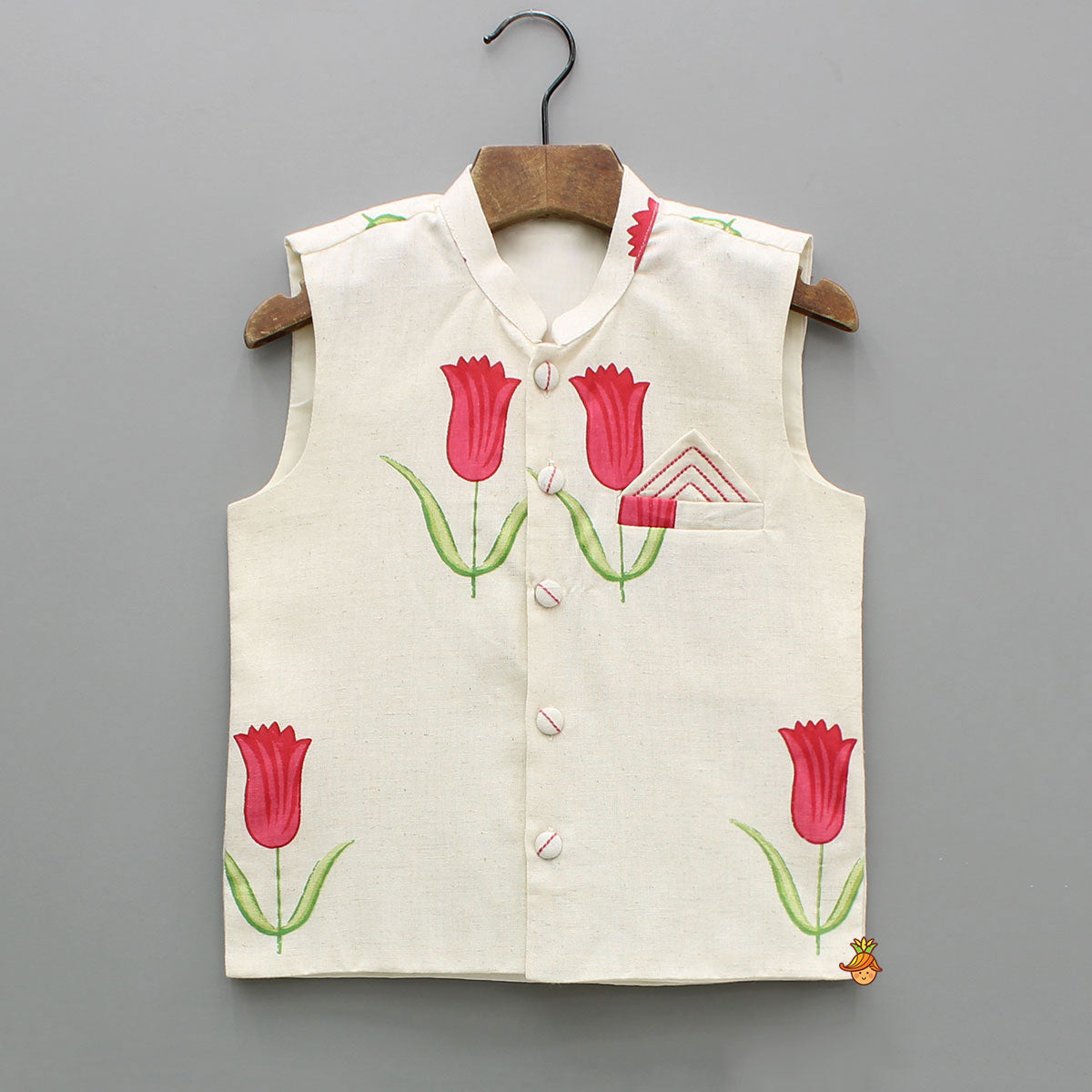 Off White Khadi Kurta With Red Tulip Printed Jacket And Pyjama