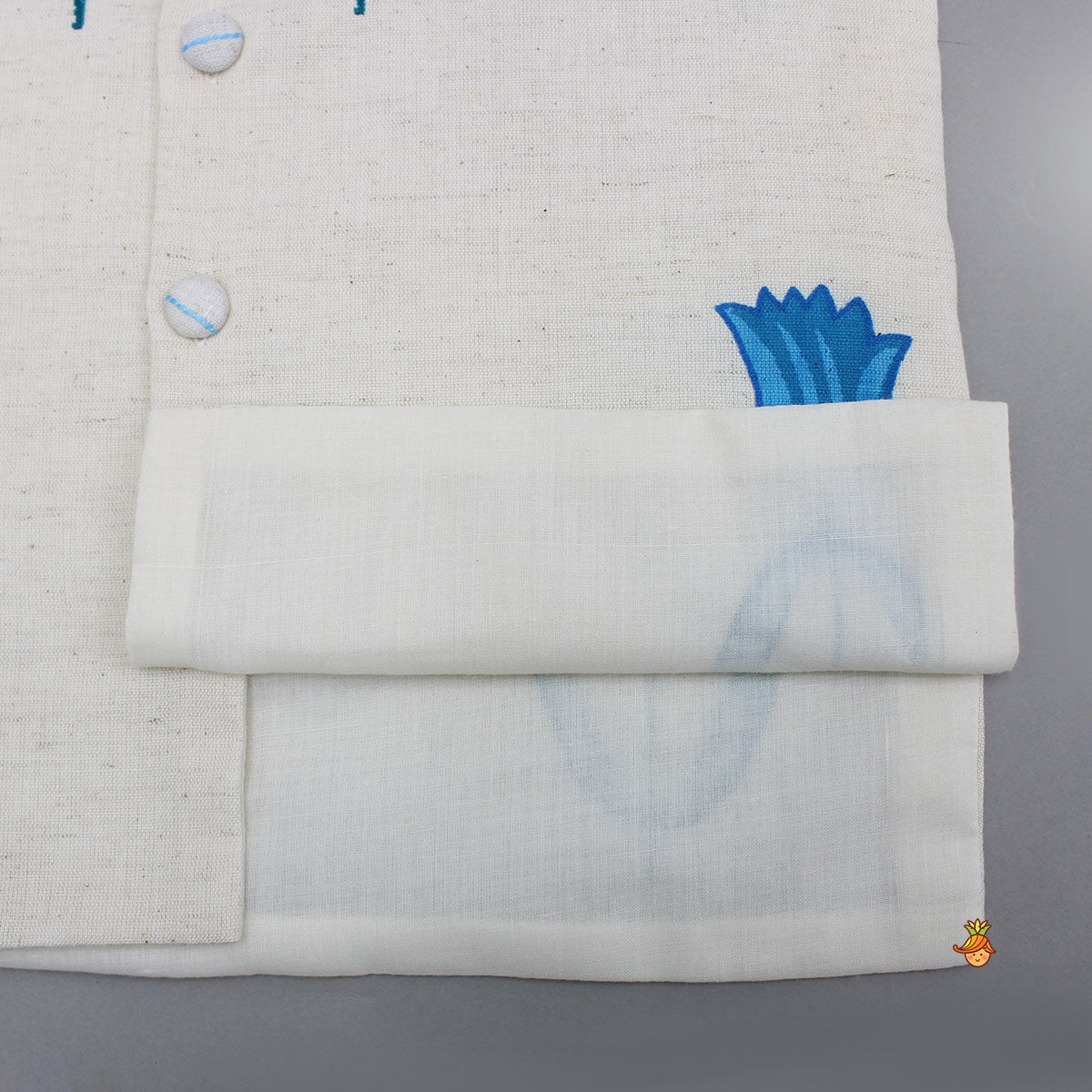 Off White Khadi Cotton Kurta With Blue Tulip Printed Jacket And Pyjama