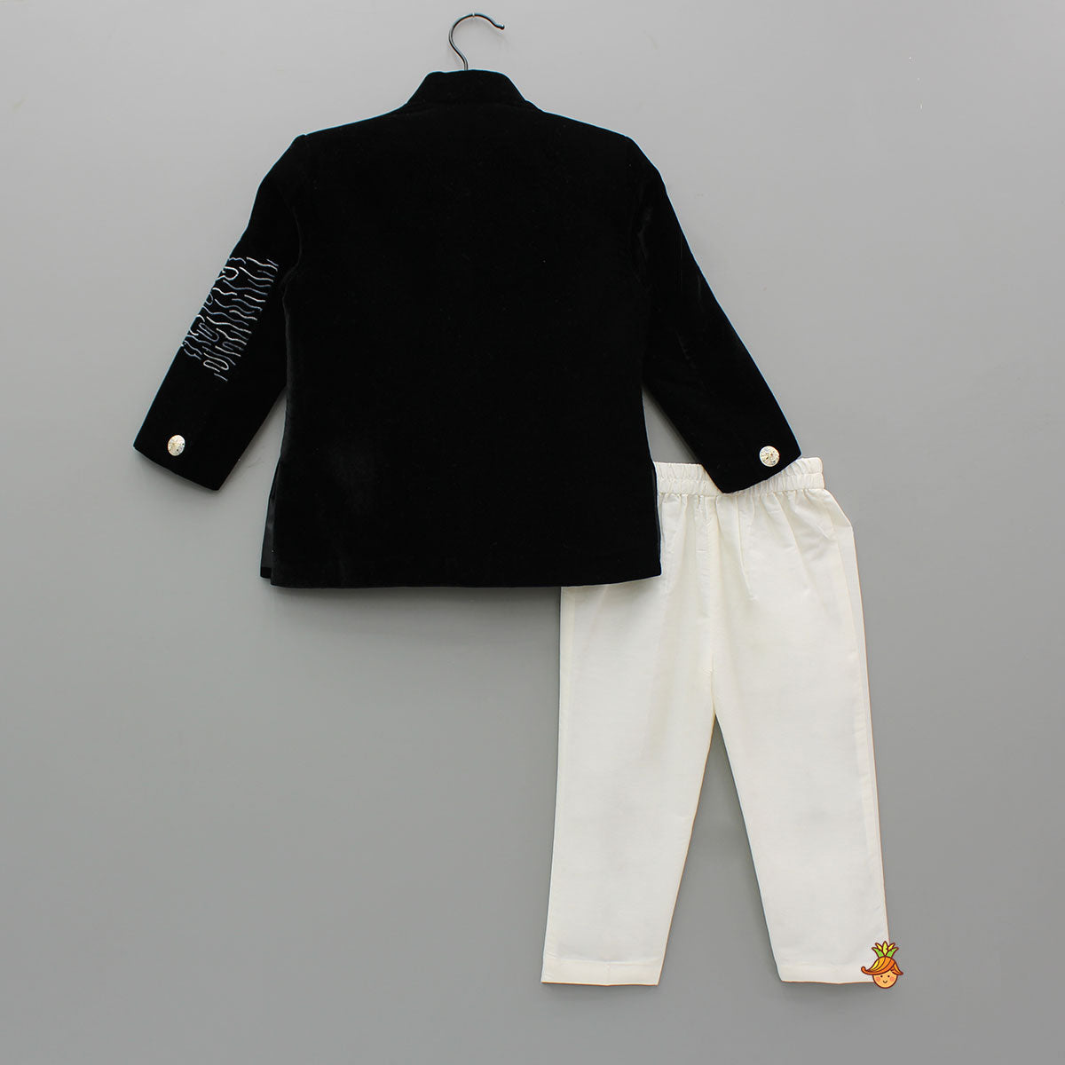 Black Velvet Embroidered Sherwani With Cream White Pyjama