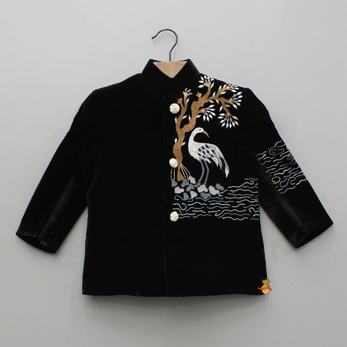 Black Velvet Embroidered Sherwani With Cream White Pyjama