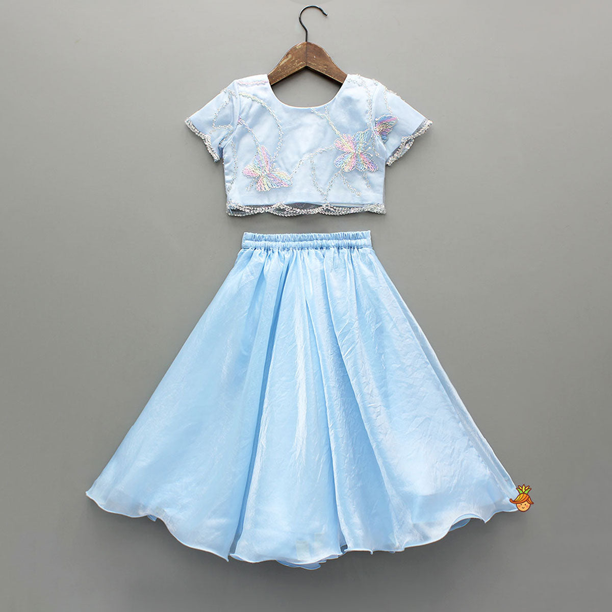 Cute Butterfly Embroidered Blue Top With Embellished Lehenga And Hairband
