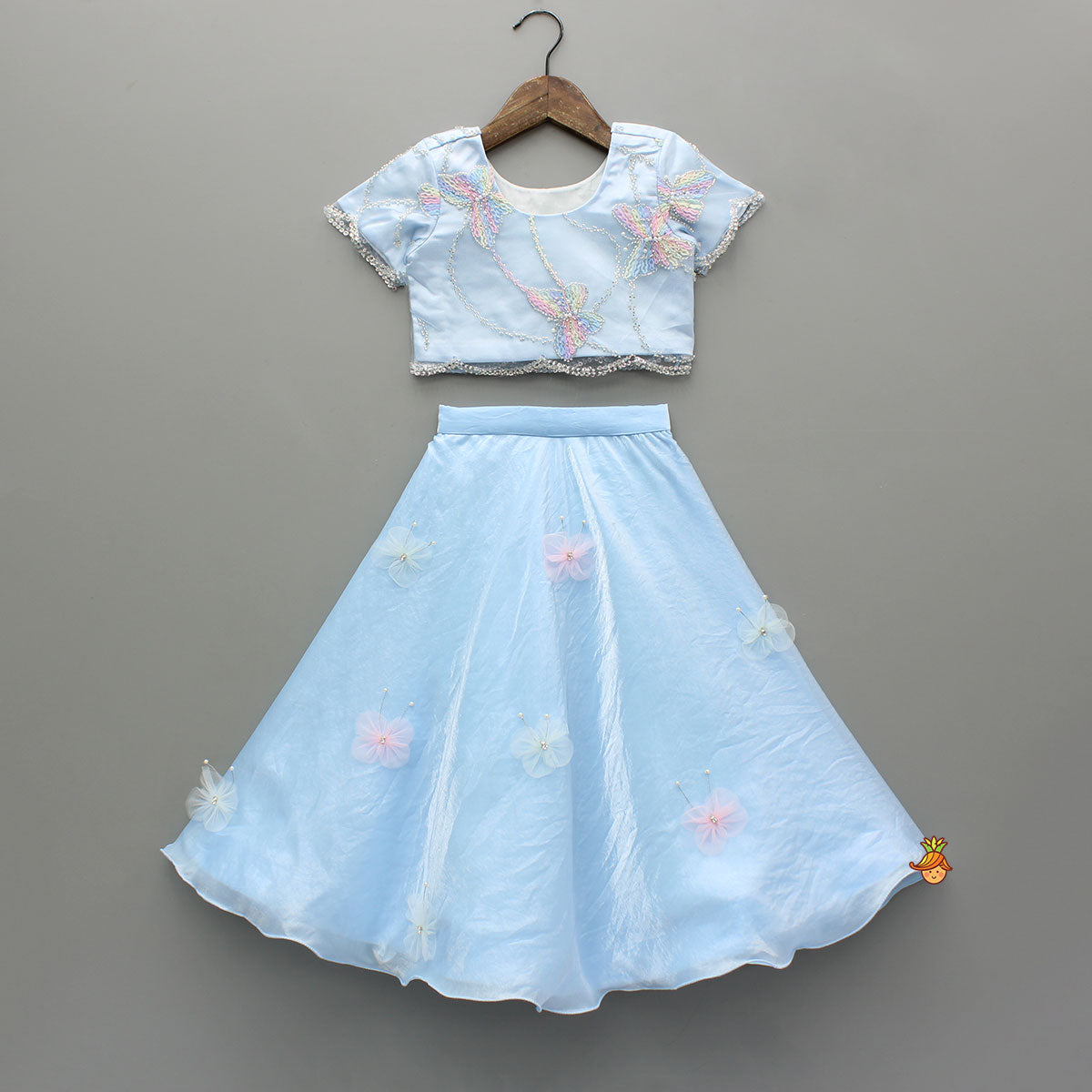 Cute Butterfly Embroidered Blue Top With Embellished Lehenga And Hairband