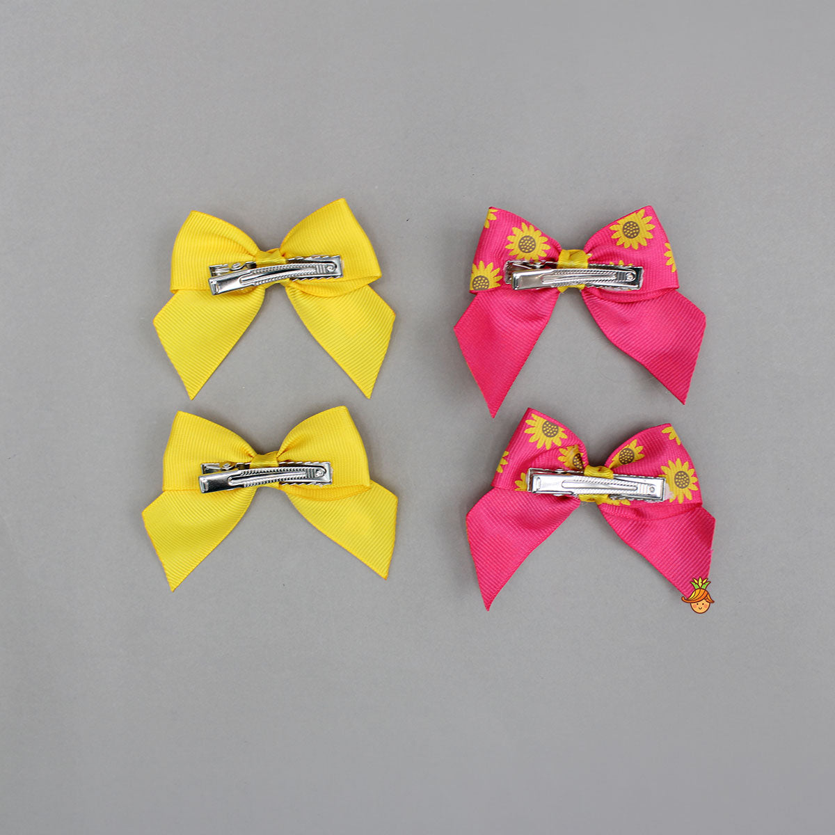 Set Of Sunflower Printed Pink And Solid Yellow Bow Hair Clips