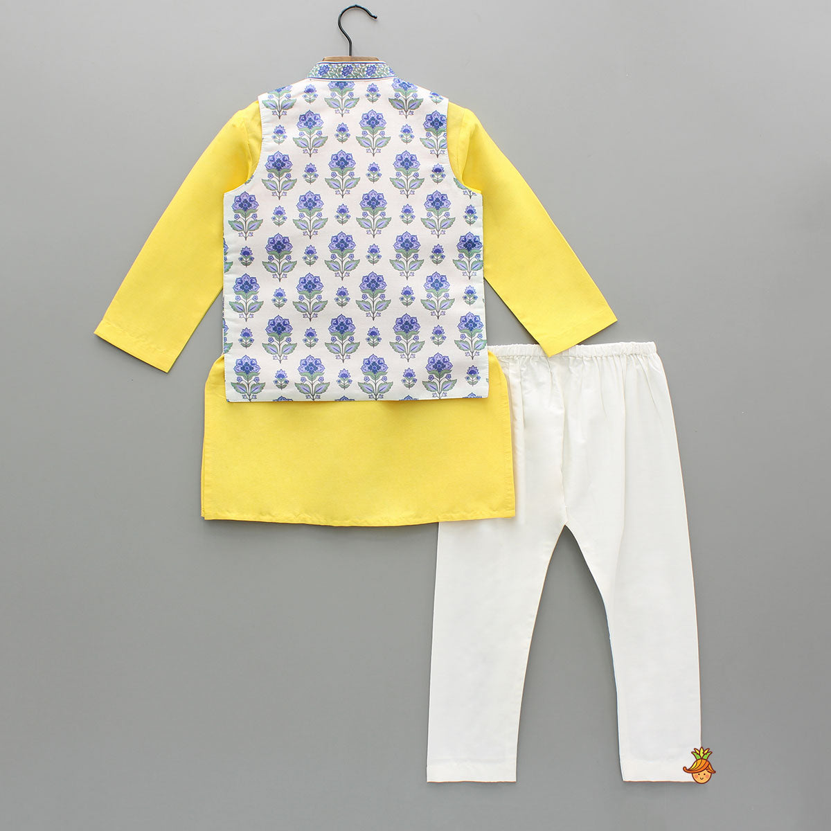 Yellow Kurta With Printed Jacket And Pyjama