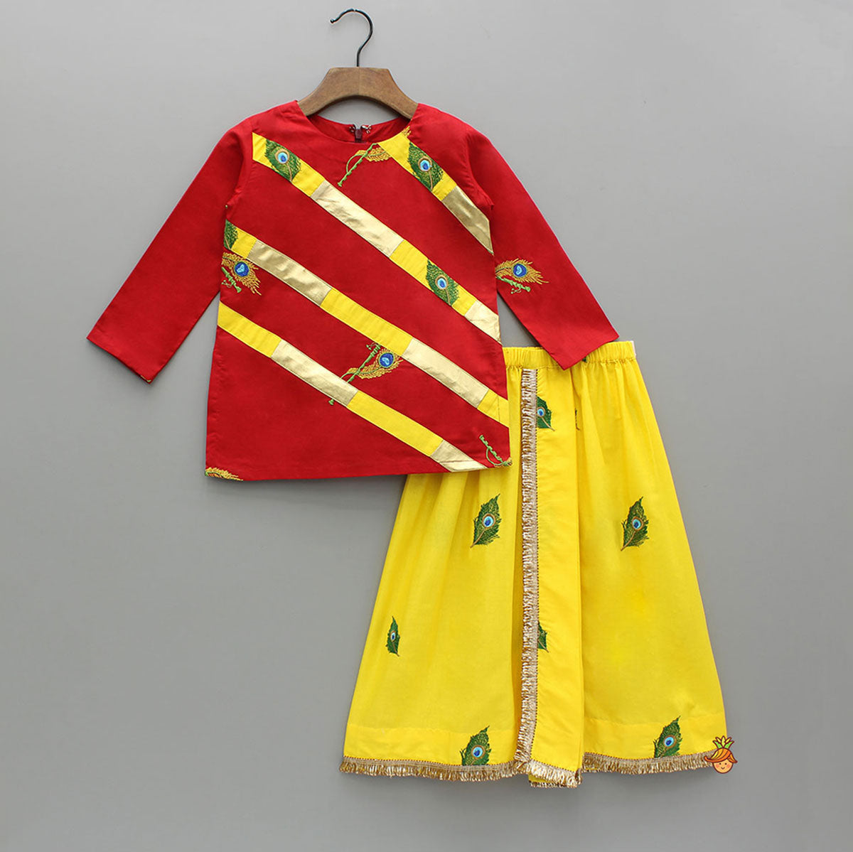 Red Mor Pankh Embroidered Kurta With Yellow Lungi Style Dhoti