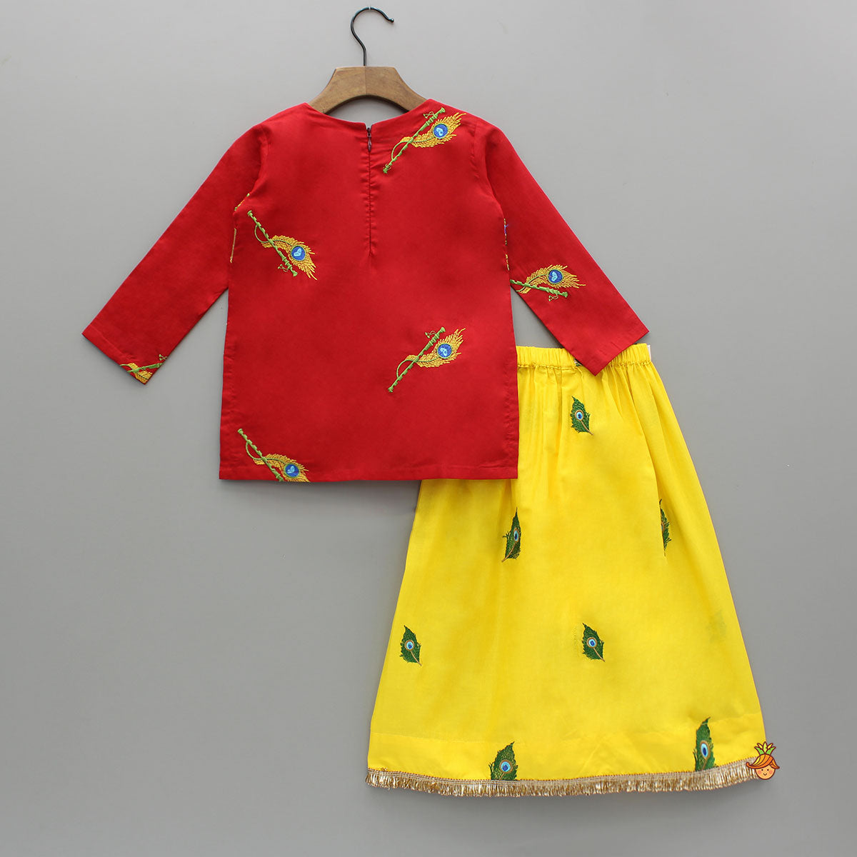 Red Mor Pankh Embroidered Kurta With Yellow Lungi Style Dhoti