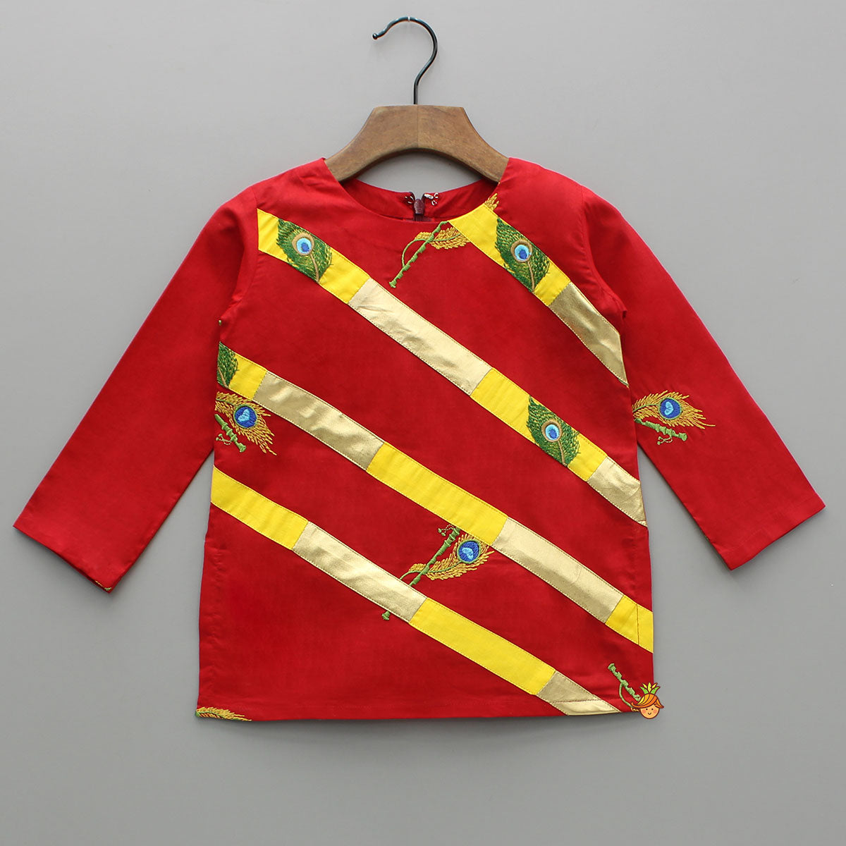 Red Mor Pankh Embroidered Kurta With Yellow Lungi Style Dhoti
