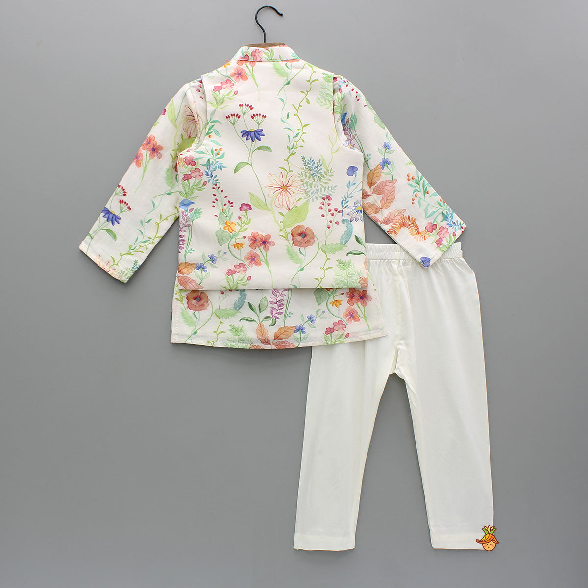 Multicolour Floral Printed Chanderi Kurta With Front Open Jacket And Pyjama