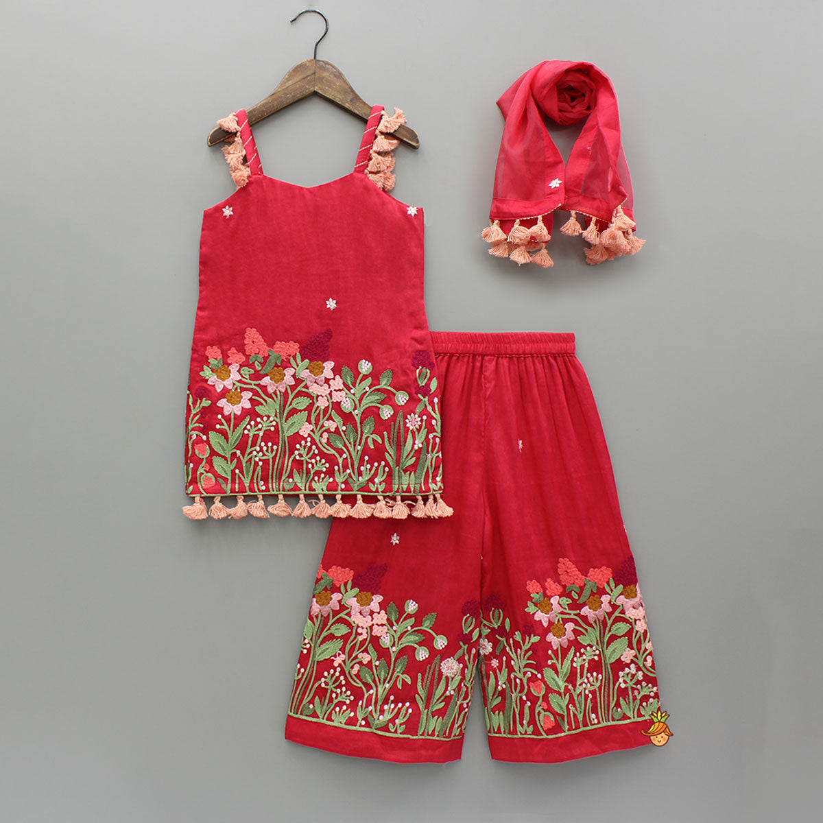 Red Sleeveless Floral Embroidered Kurti With Palazzo And Dupatta