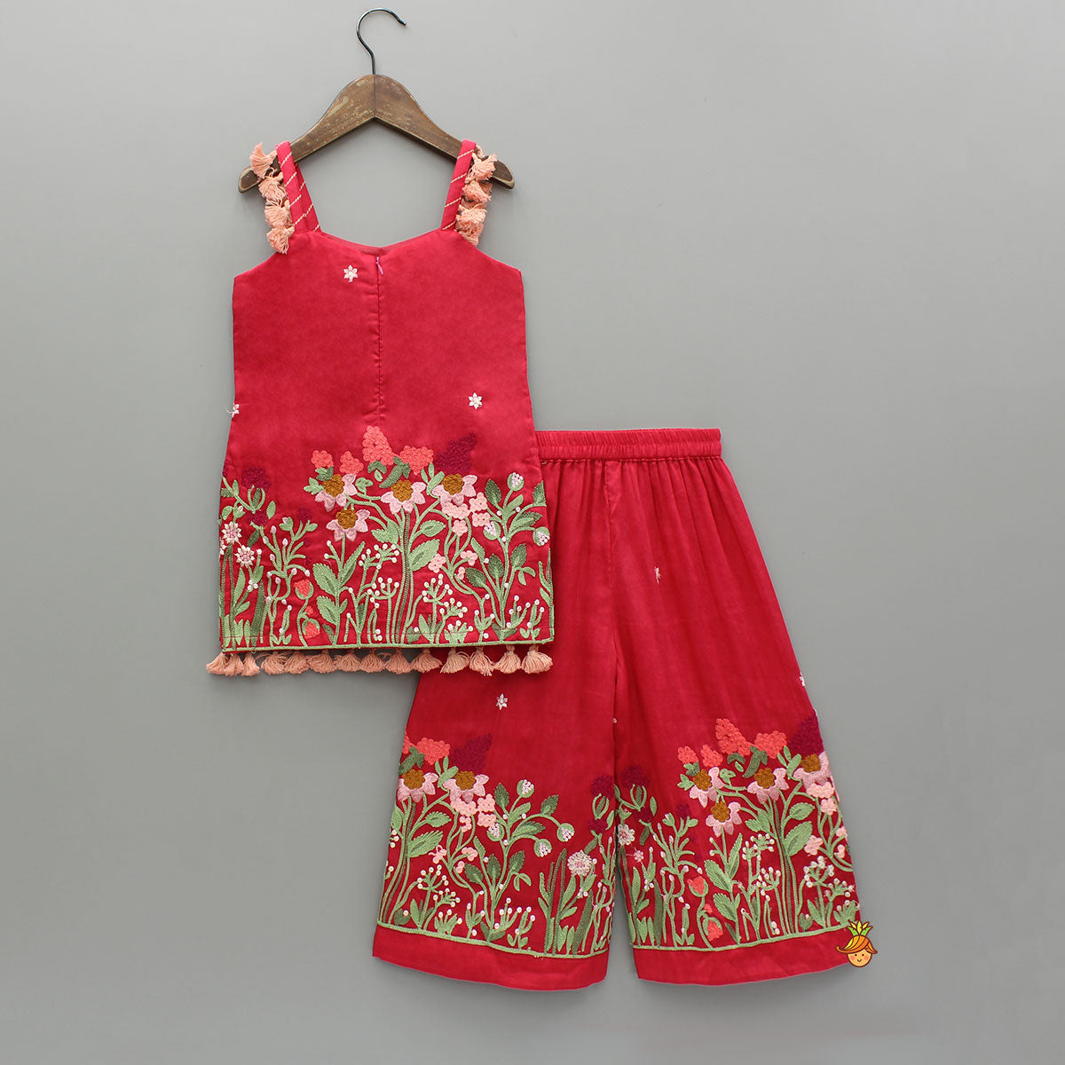 Red Sleeveless Floral Embroidered Kurti With Palazzo And Dupatta