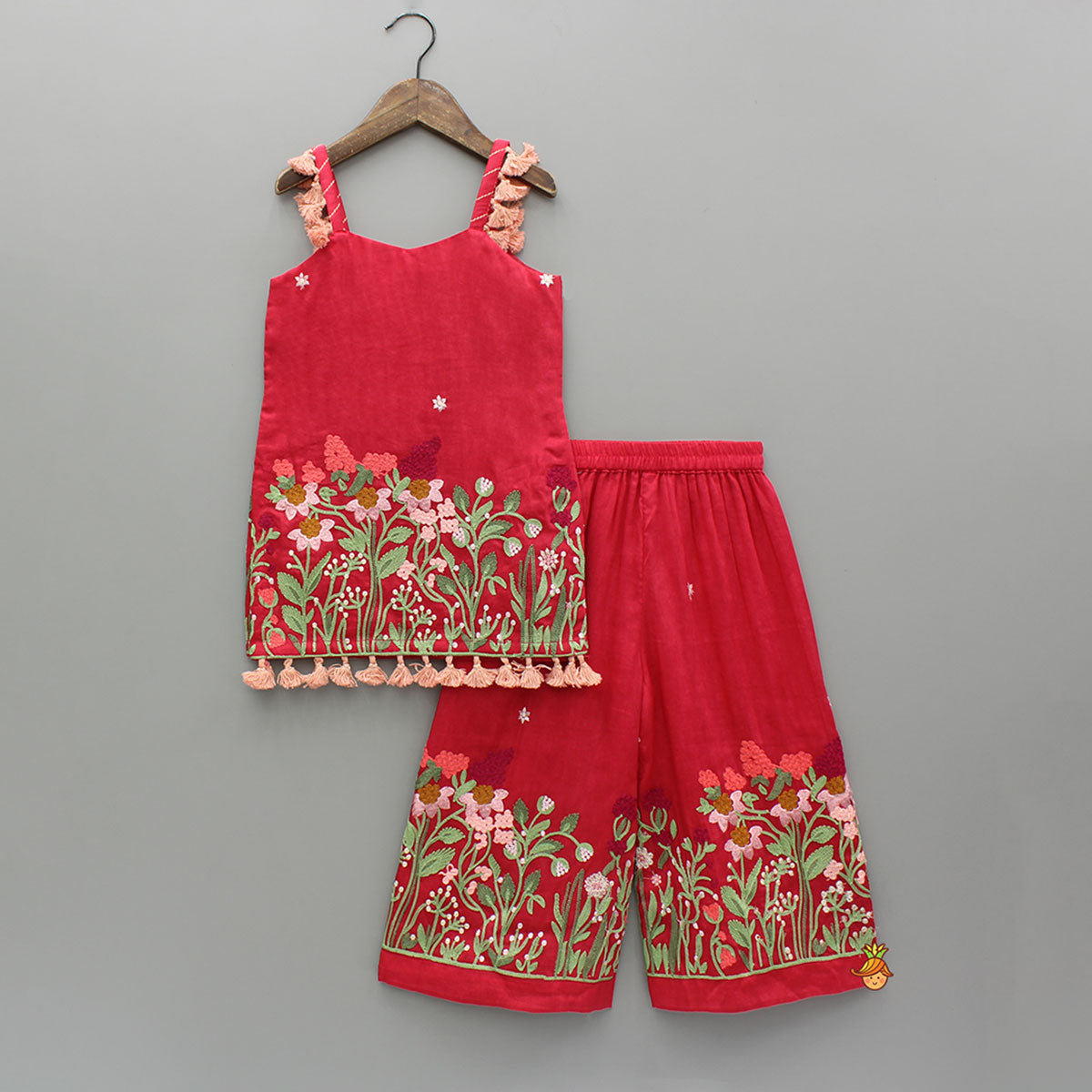 Red Sleeveless Floral Embroidered Kurti With Palazzo And Dupatta