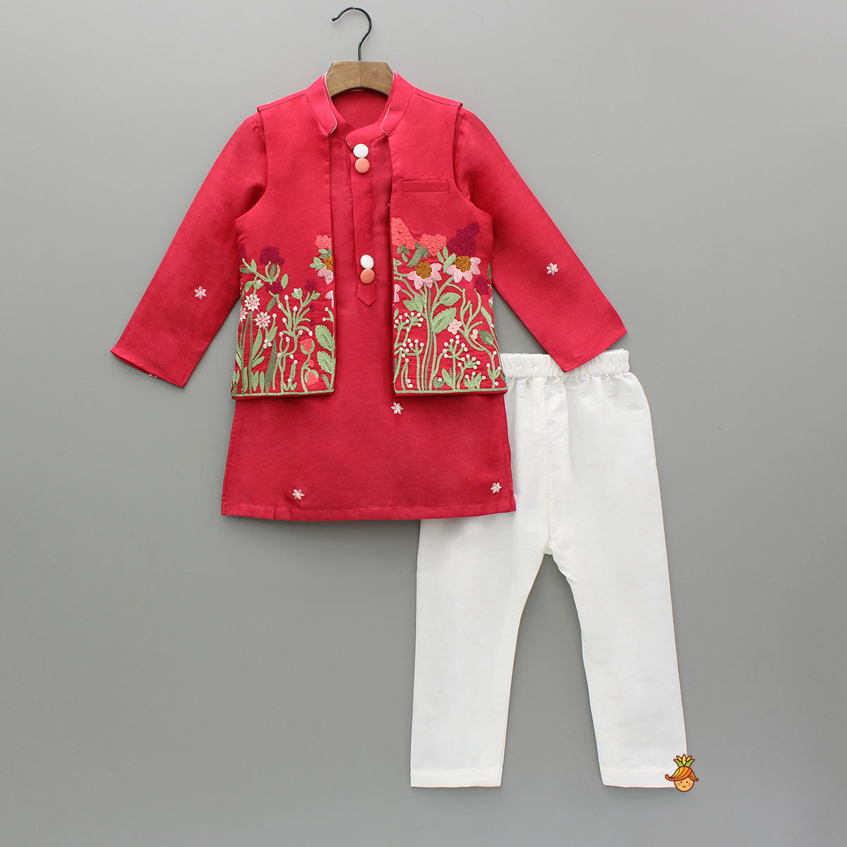 Red Kurta With Front Open Floral Embroidered Jacket And Pyjama
