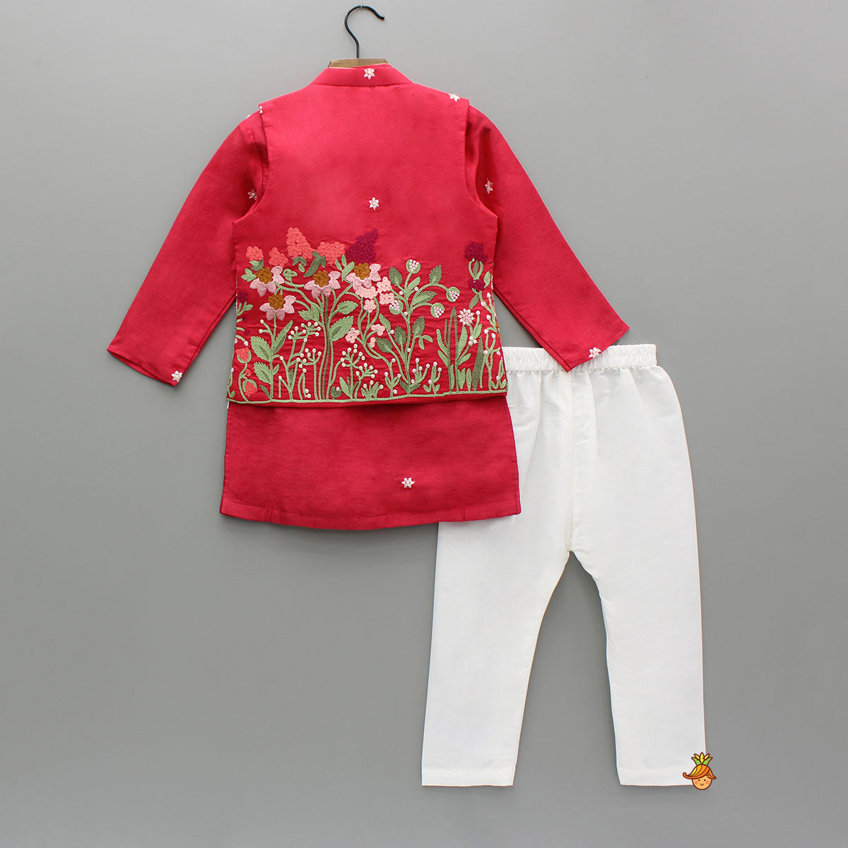 Red Kurta With Front Open Floral Embroidered Jacket And Pyjama