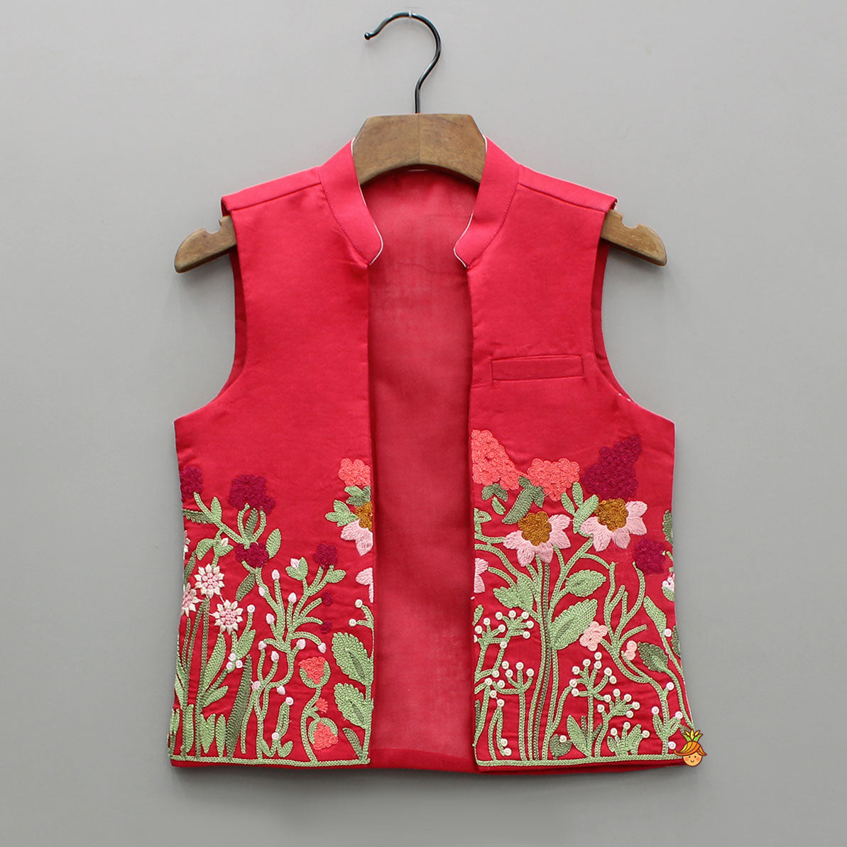 Red Kurta With Front Open Floral Embroidered Jacket And Pyjama