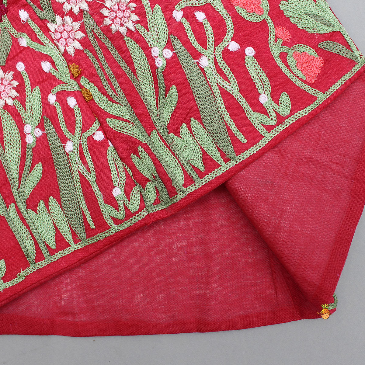 Red Kurta With Front Open Floral Embroidered Jacket And Pyjama