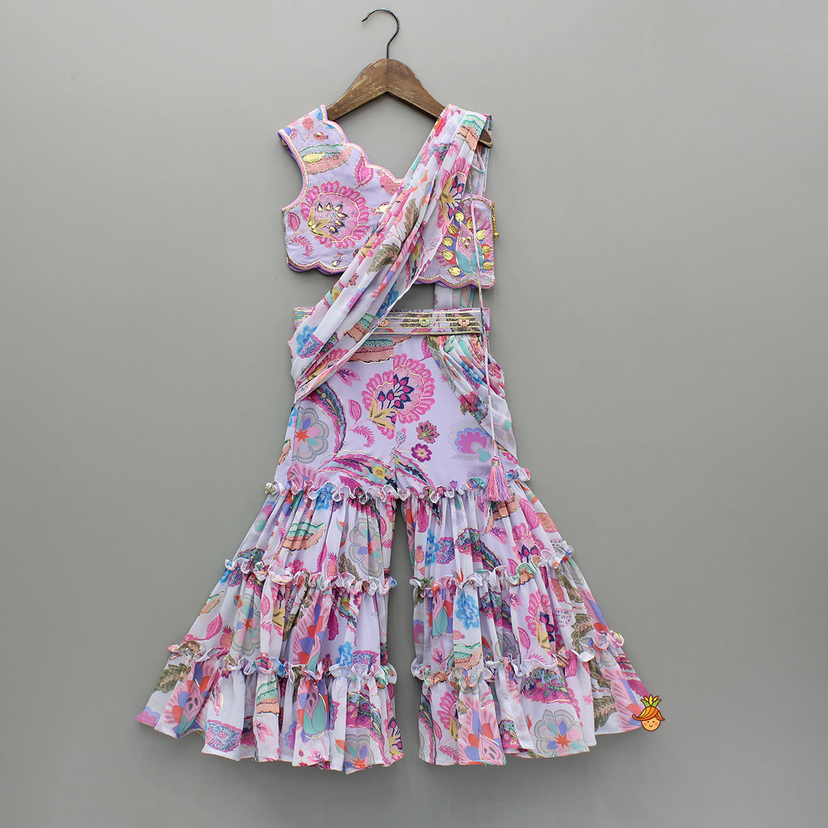Gorgeous Multicolour Printed One Shoulder Scalloped Top With Flared Sharara And Draped Attached Dupatta