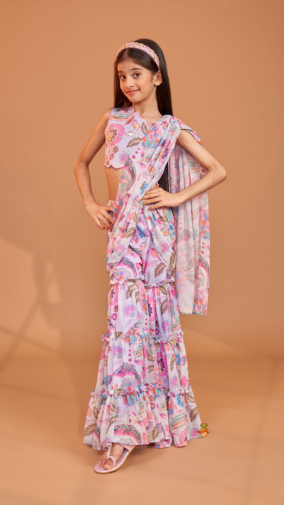 Gorgeous Multicolour Printed One Shoulder Scalloped Top With Flared Sharara And Drape Attached Dupatta