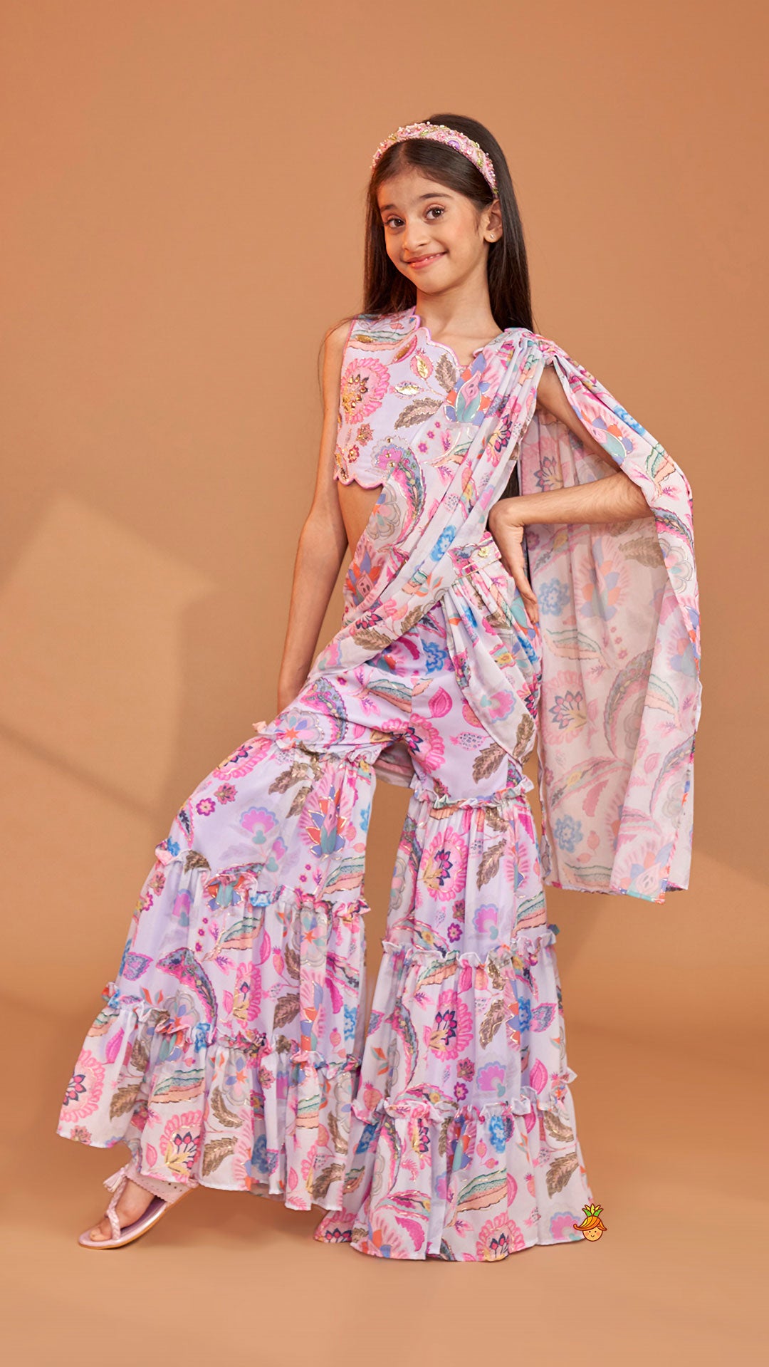 Gorgeous Multicolour Printed One Shoulder Scalloped Top With Flared Sharara And Drape Attached Dupatta