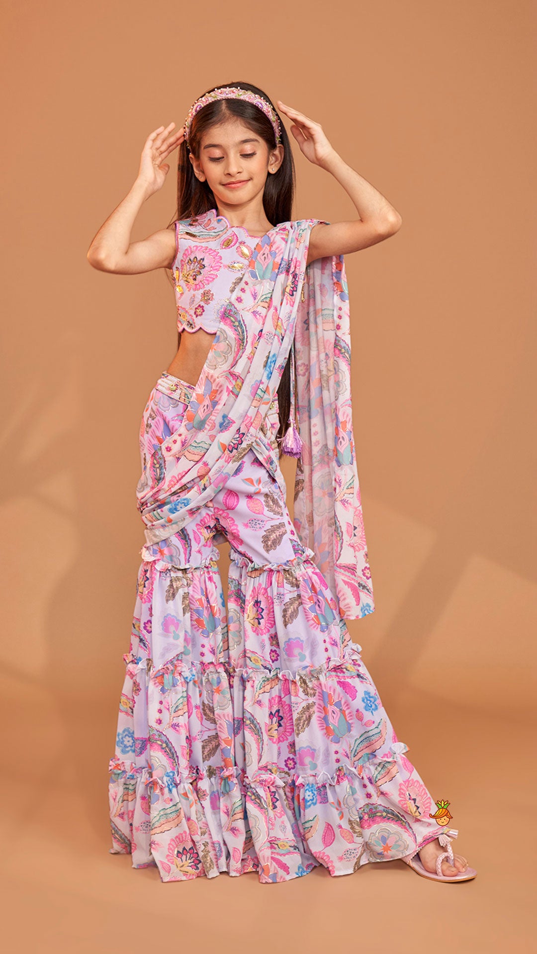 Gorgeous Multicolour Printed One Shoulder Scalloped Top With Flared Sharara And Drape Attached Dupatta