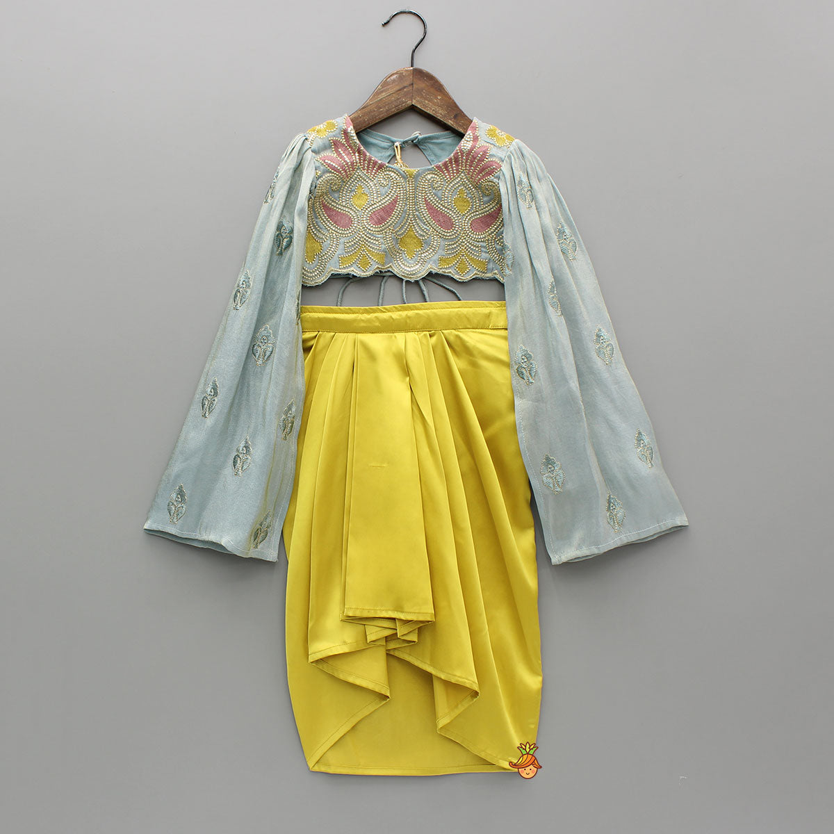Embroidered Shimmer Top And Dhoti Style Skirt