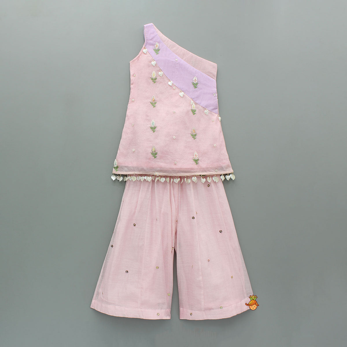Pink One Shoulder Embroidered Kurti With Palazzo And Attached Dupatta