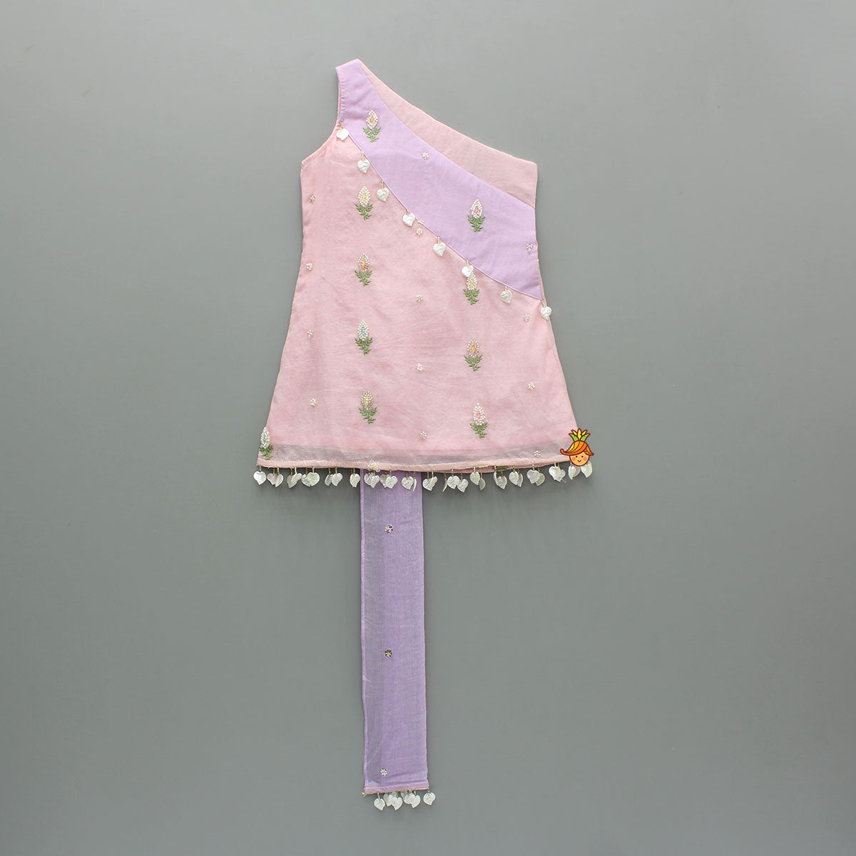 Pink One Shoulder Embroidered Kurti With Palazzo And Attached Dupatta