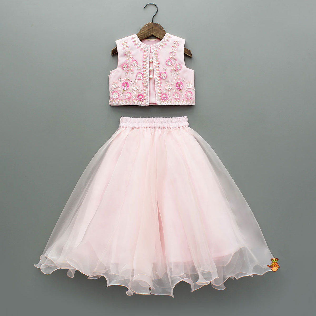 Pretty Pink Strappy Top With Floral Hand Embroidered Jacket And Flared Lehenga