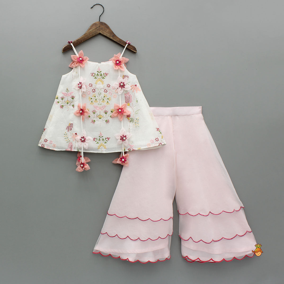 Flowers Adorned White Floral Embroidered Top With Pink Palazzo