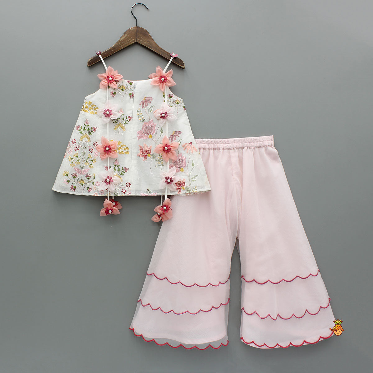 Flowers Adorned White Floral Embroidered Top With Pink Palazzo