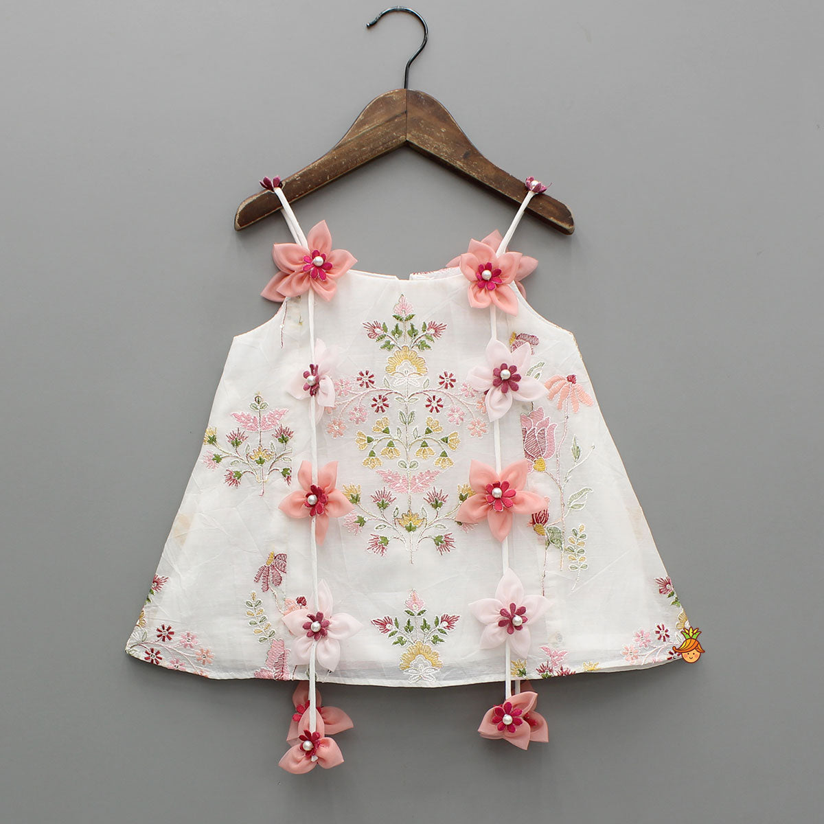 Flowers Adorned White Floral Embroidered Top With Pink Palazzo