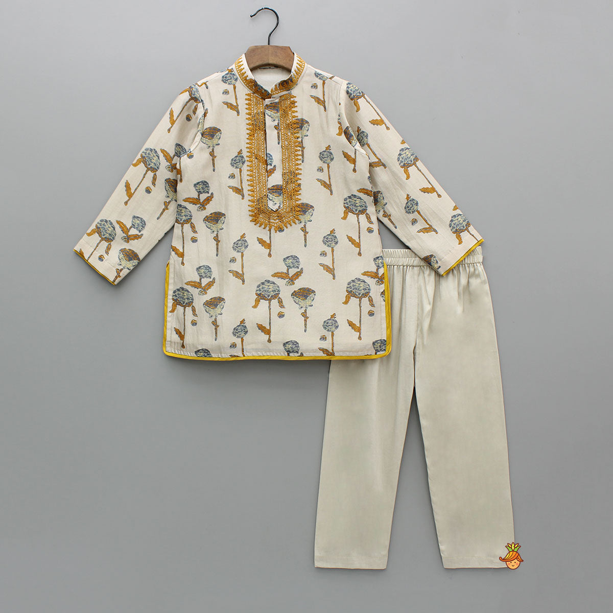Yellow Detailed Floral Printed Chanderi Kurta With Pyjama