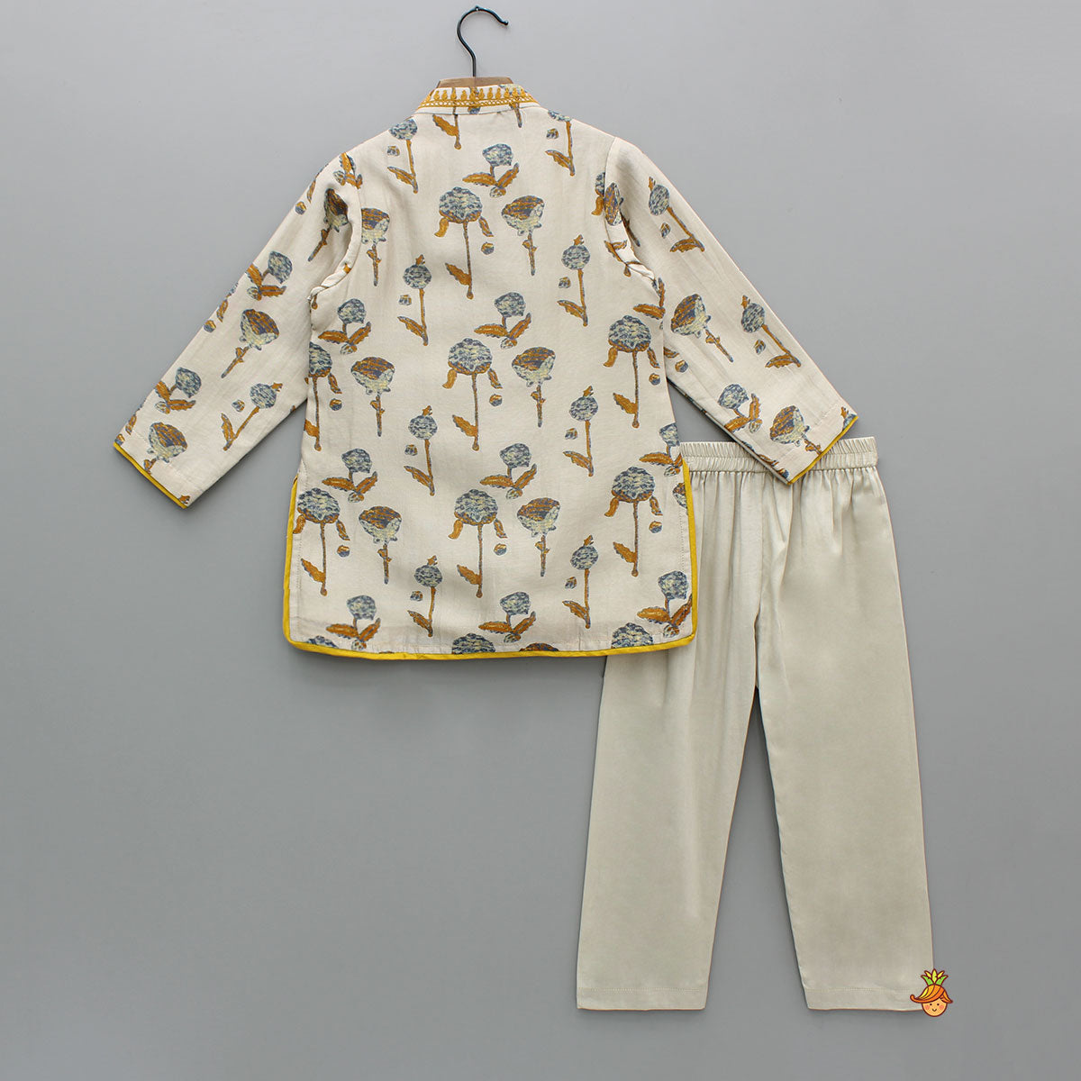 Yellow Detailed Floral Printed Chanderi Kurta With Pyjama