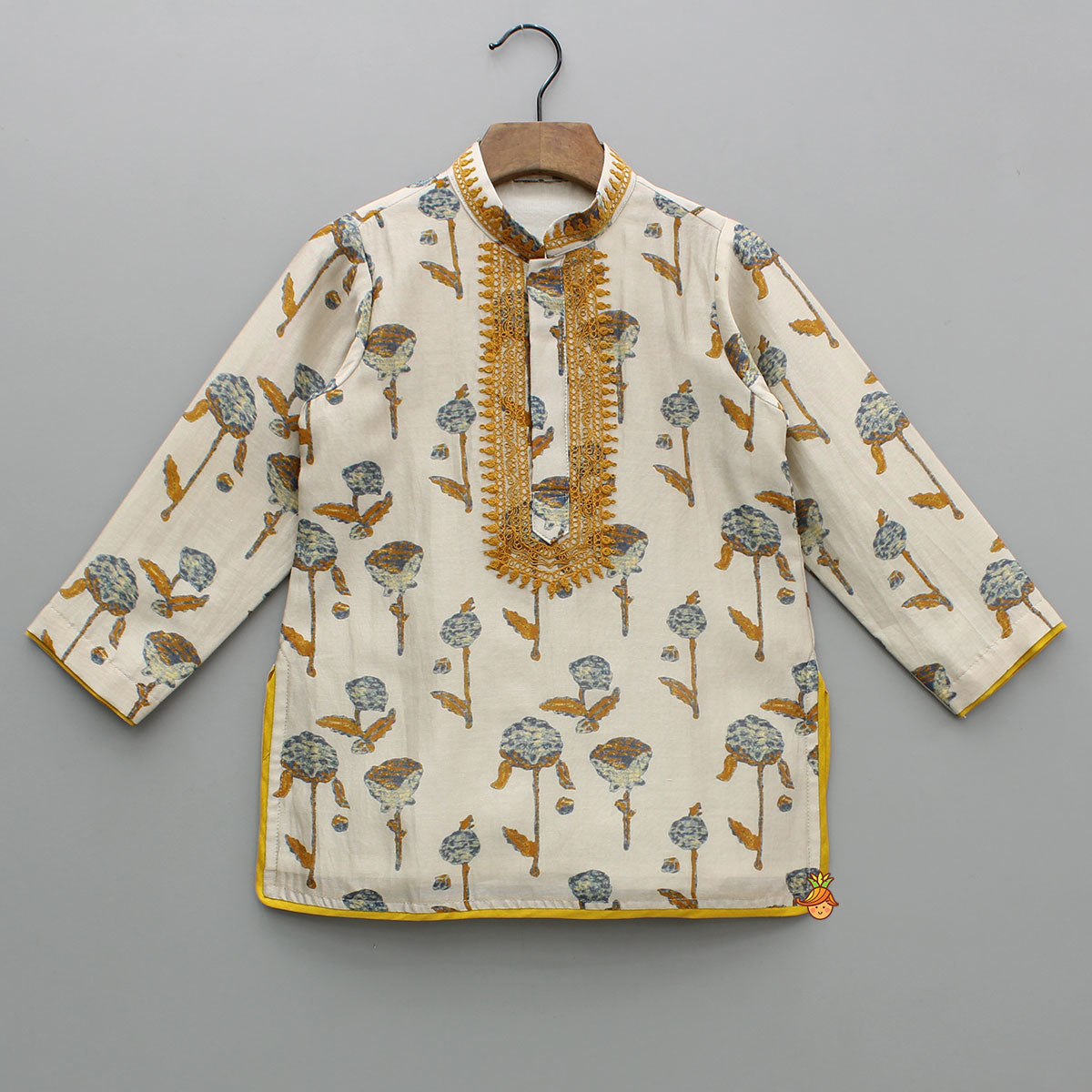 Yellow Detailed Floral Printed Chanderi Kurta With Pyjama