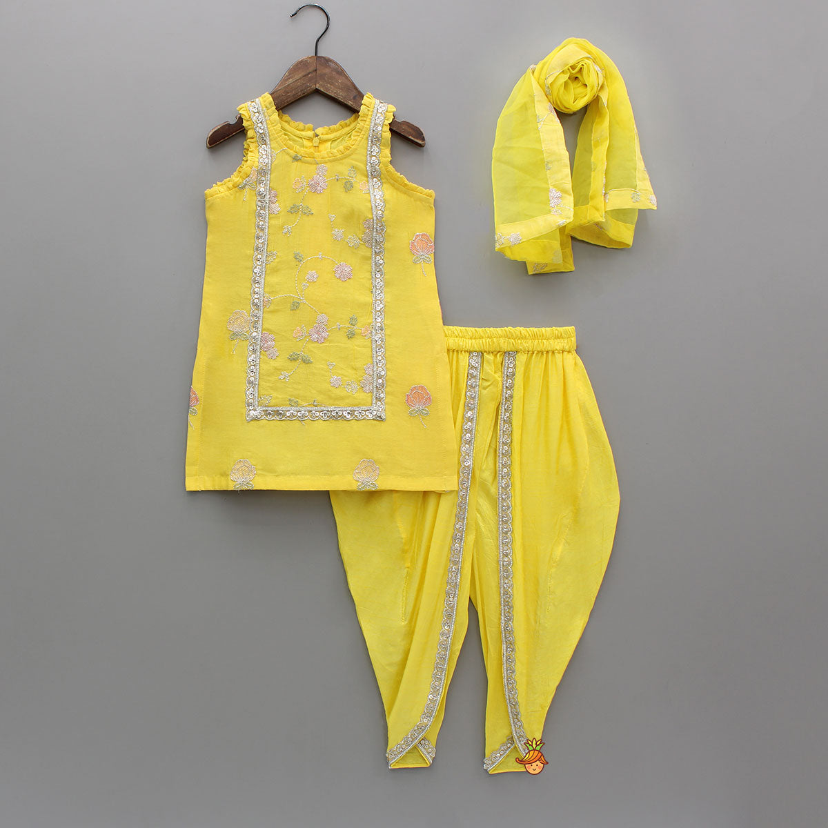 Yellow Sequin Embroidered Sleeveless Kurti With Dhoti And Dupatta