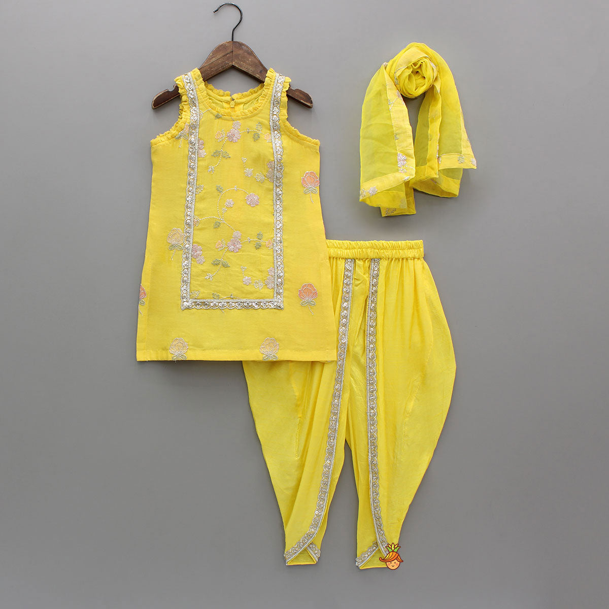 Yellow Sequin Embroidered Sleeveless Kurti With Dhoti And Dupatta
