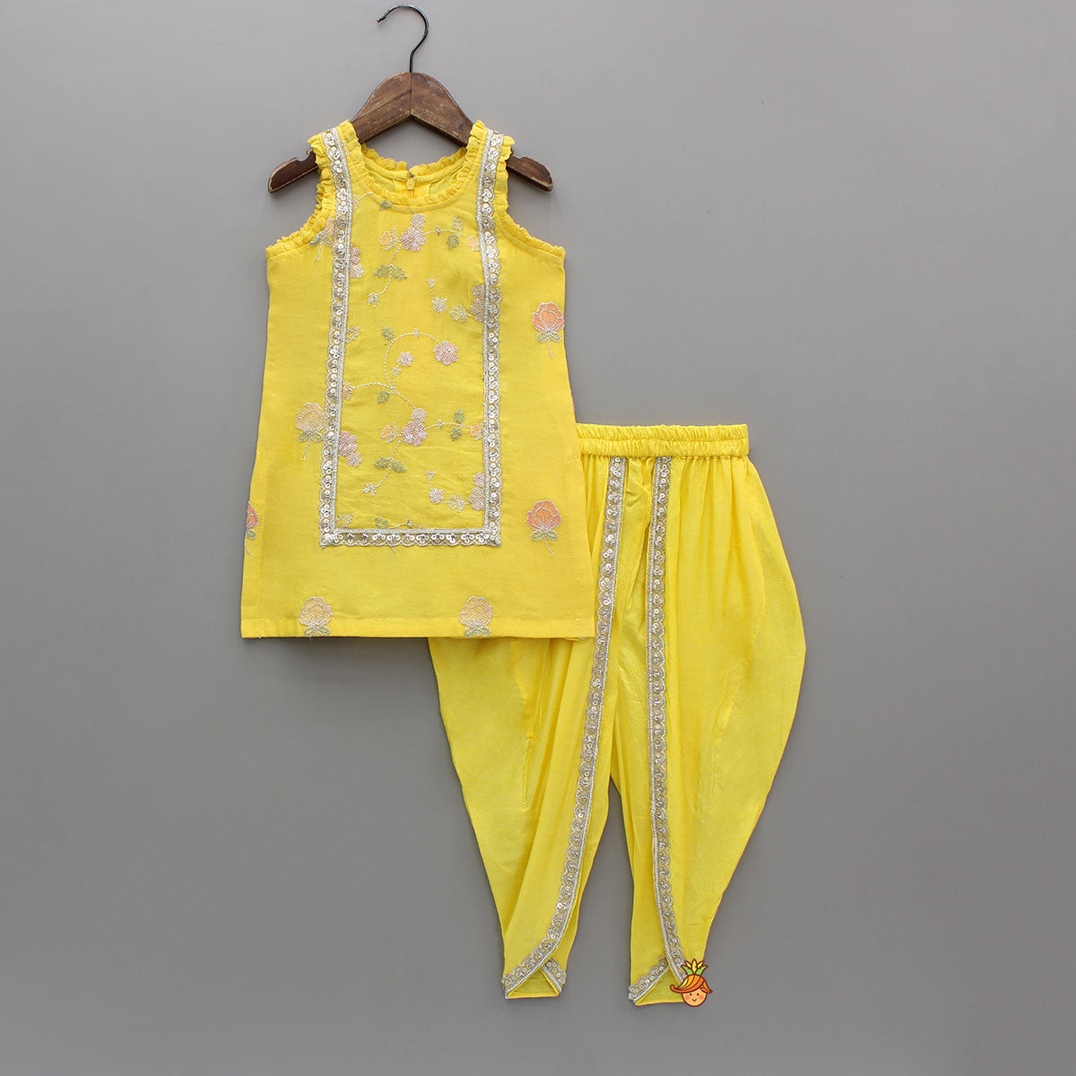 Yellow Sequin Embroidered Sleeveless Kurti With Dhoti And Dupatta